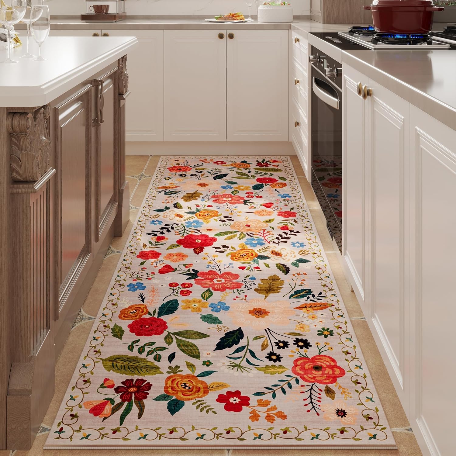 Commercial Kitchen Background - Vintage Floral Runner Rug Beige Background