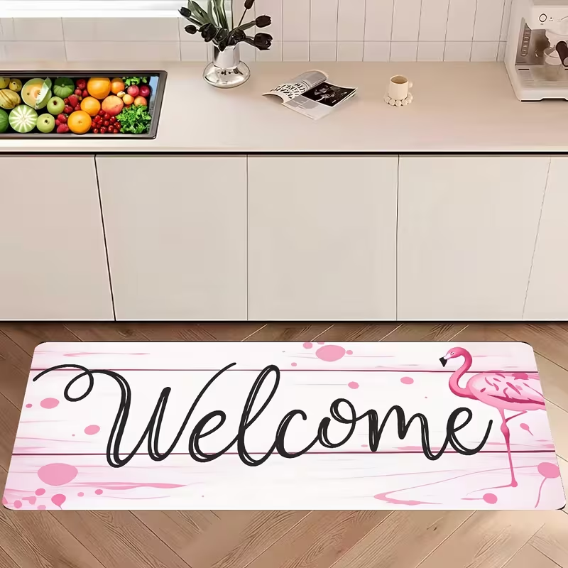 Commercial Kitchen Background - Pink Flamingo Welcome Long Kitchen Rug